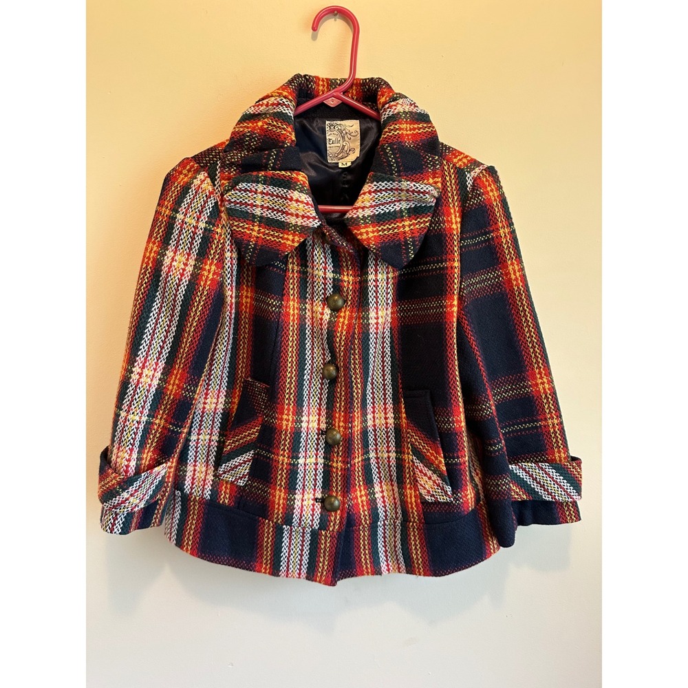 Tulle Womens Plaid Wool Blend Pea Coat Navy Red Yellow Cropped Jacket B7796 M
